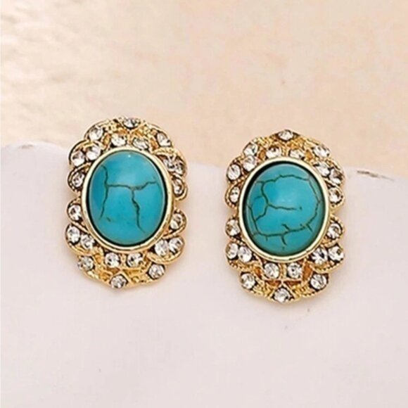 Turquoise Stone Gold Diamond Stud Rhinestone Crystal Earrings - Picture 1 of 6